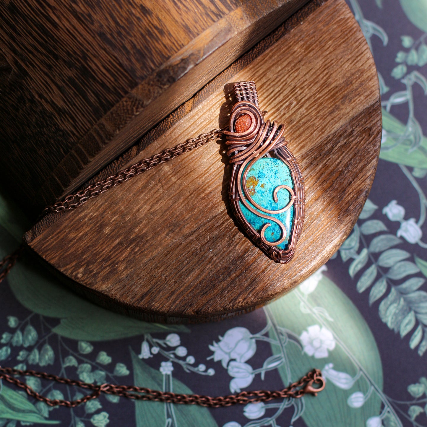 RARE Shattuckite & Red Goldstone Necklace (Aged Copper)