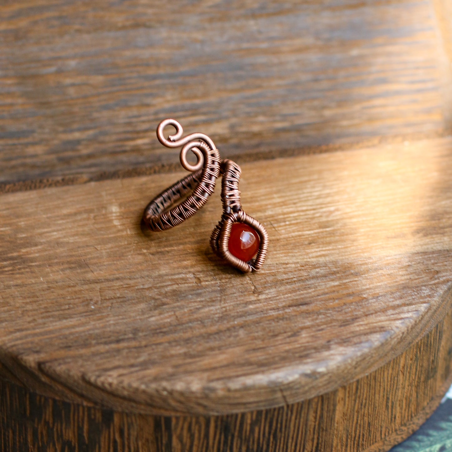 Carnelian & Aged Copper Adjustable Snake Ring (Size 6 - 8 )