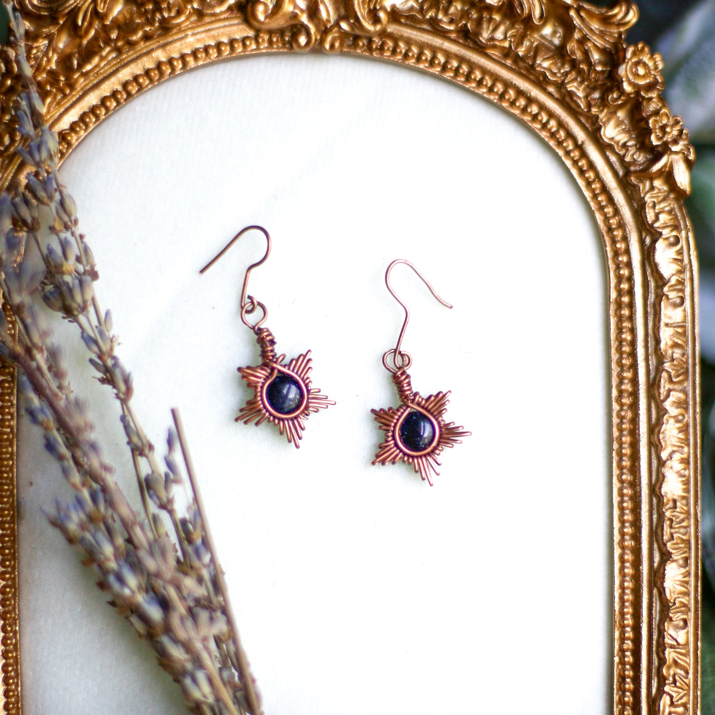 Dark Blue Goldstone Star Dangle Earrings (Aged Copper)