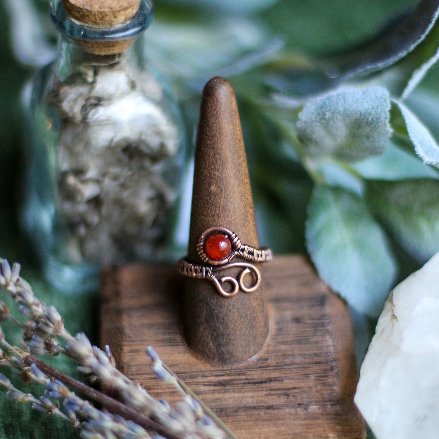 Adjustable Carnelian & Aged Copper Ring (Size 7 - 11)