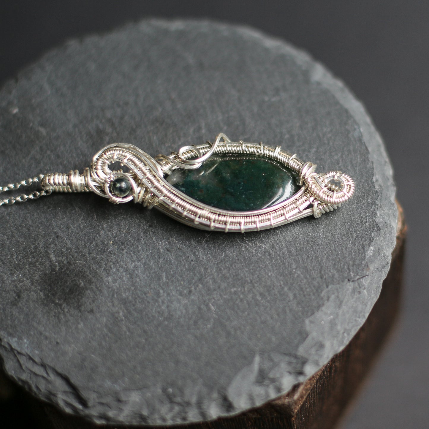 LARGE High Quality Moss Agate & Genuine Sterling Silver Necklace
