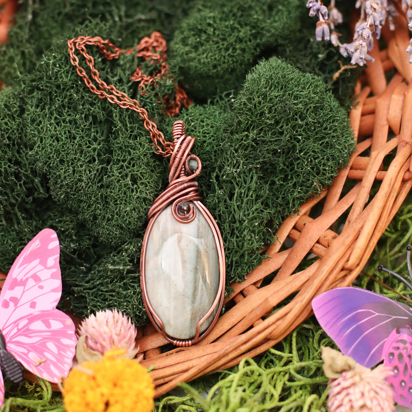 Saturn Chalcedony Necklace with Tourmaline & Emerald (Aged Copper)