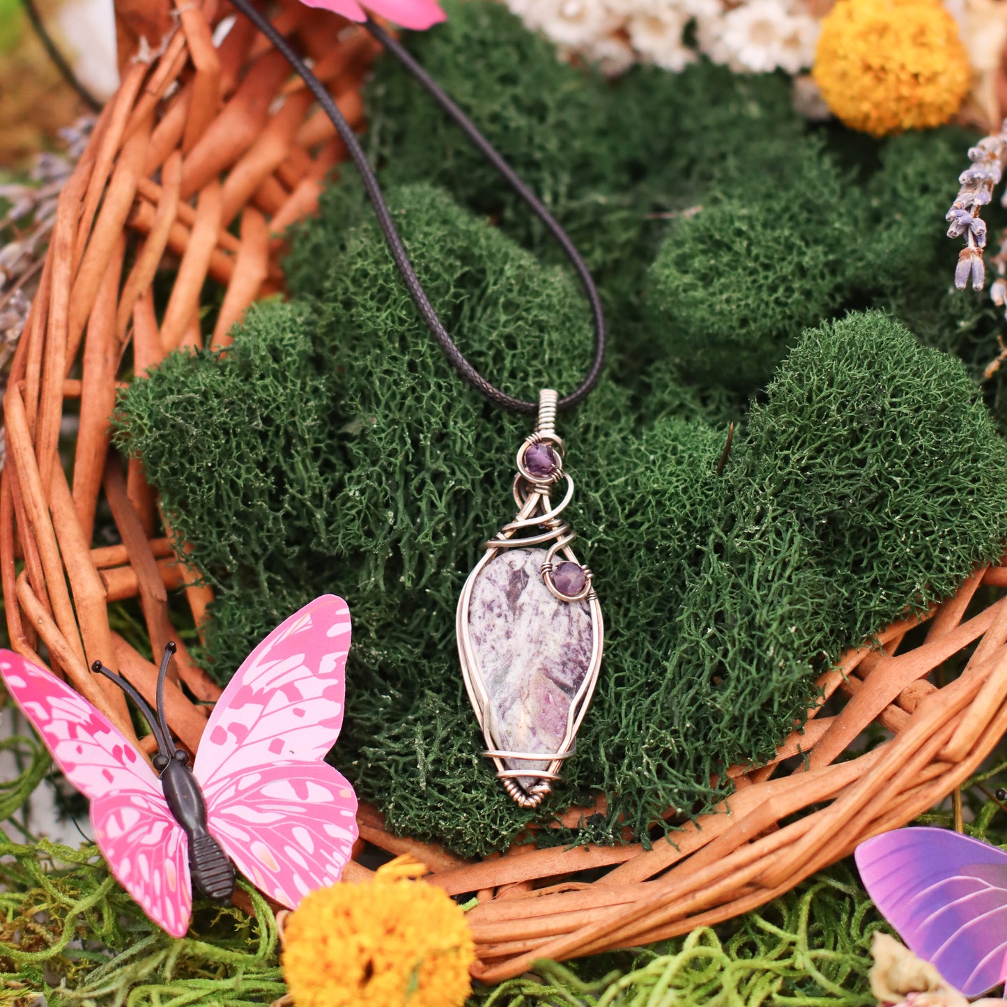 RARE Kammererite & Amethyst Necklace with Aged Sterling Silver
