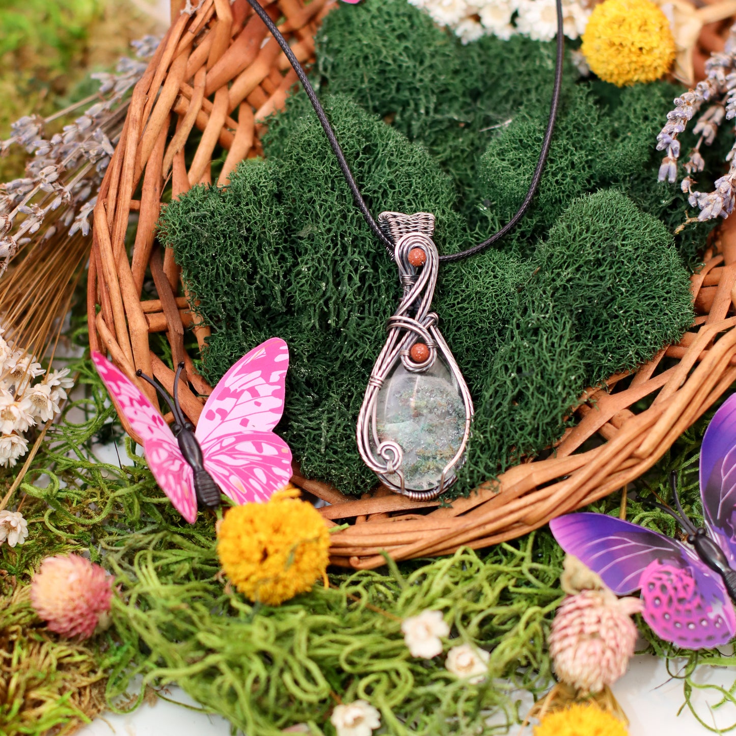 LARGE Garden "Ghost" Quartz & Red Sandstone Necklace (Aged Sterling Silver)