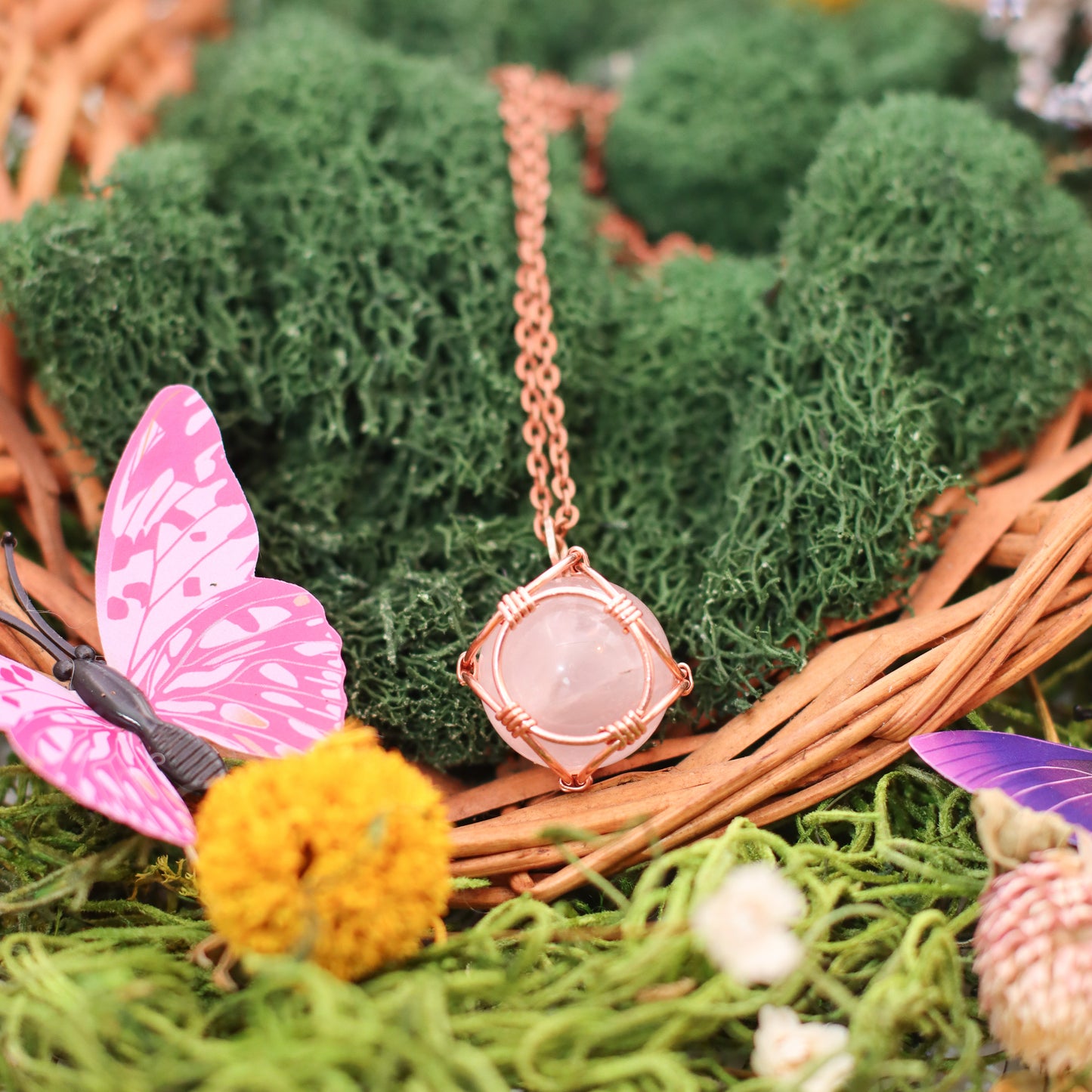 Rose Quartz Sphere "in Cube" Necklace with Copper
