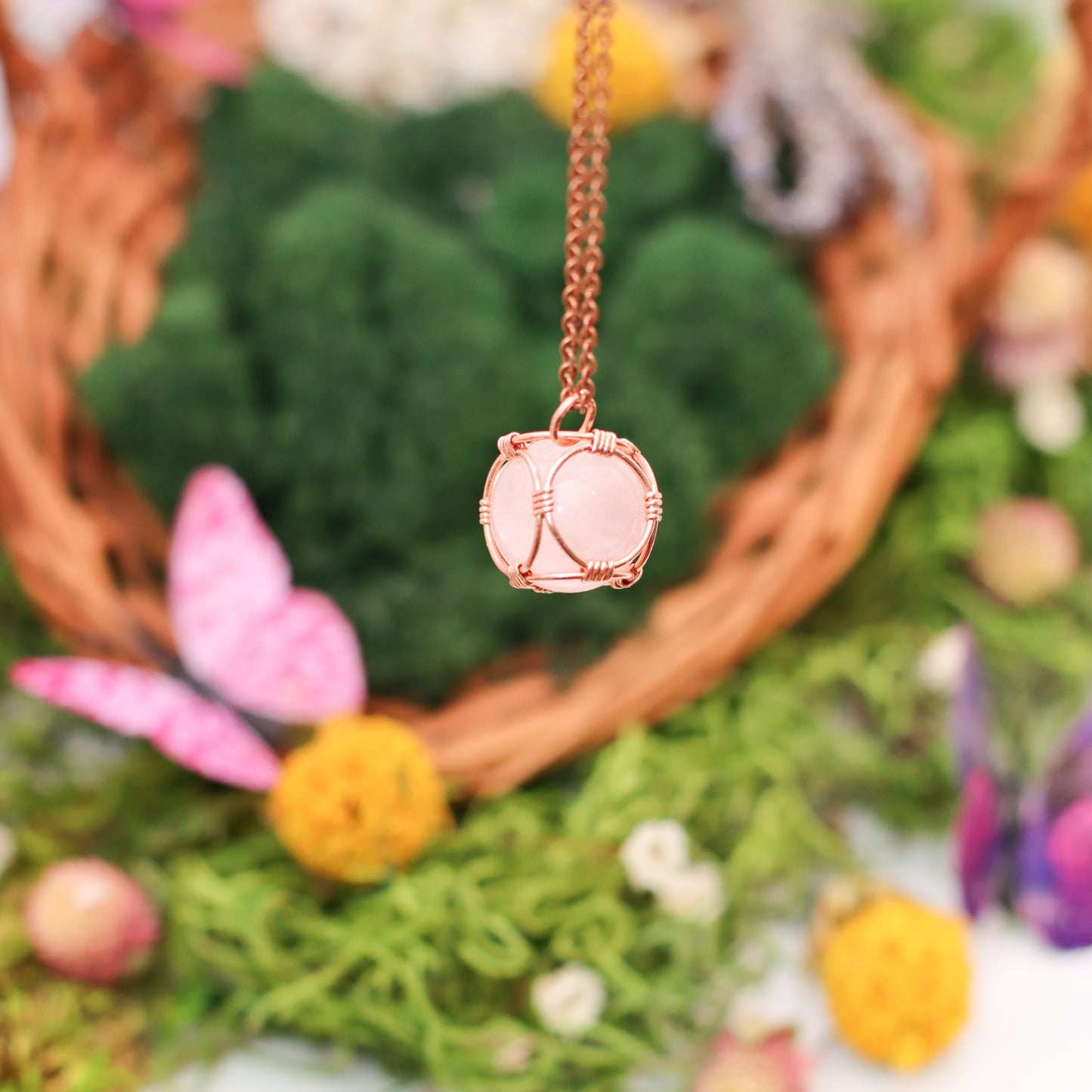 Rose Quartz Sphere "in Cube" Necklace with Copper