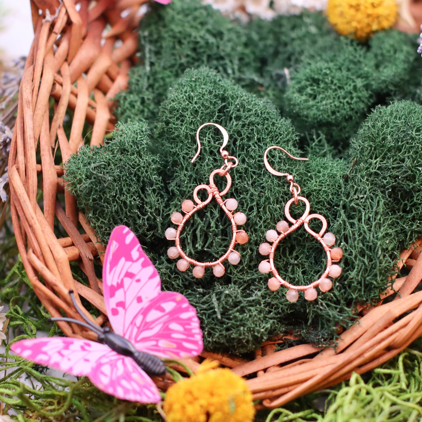 Peach Moonstone Dangle Bead Earrings