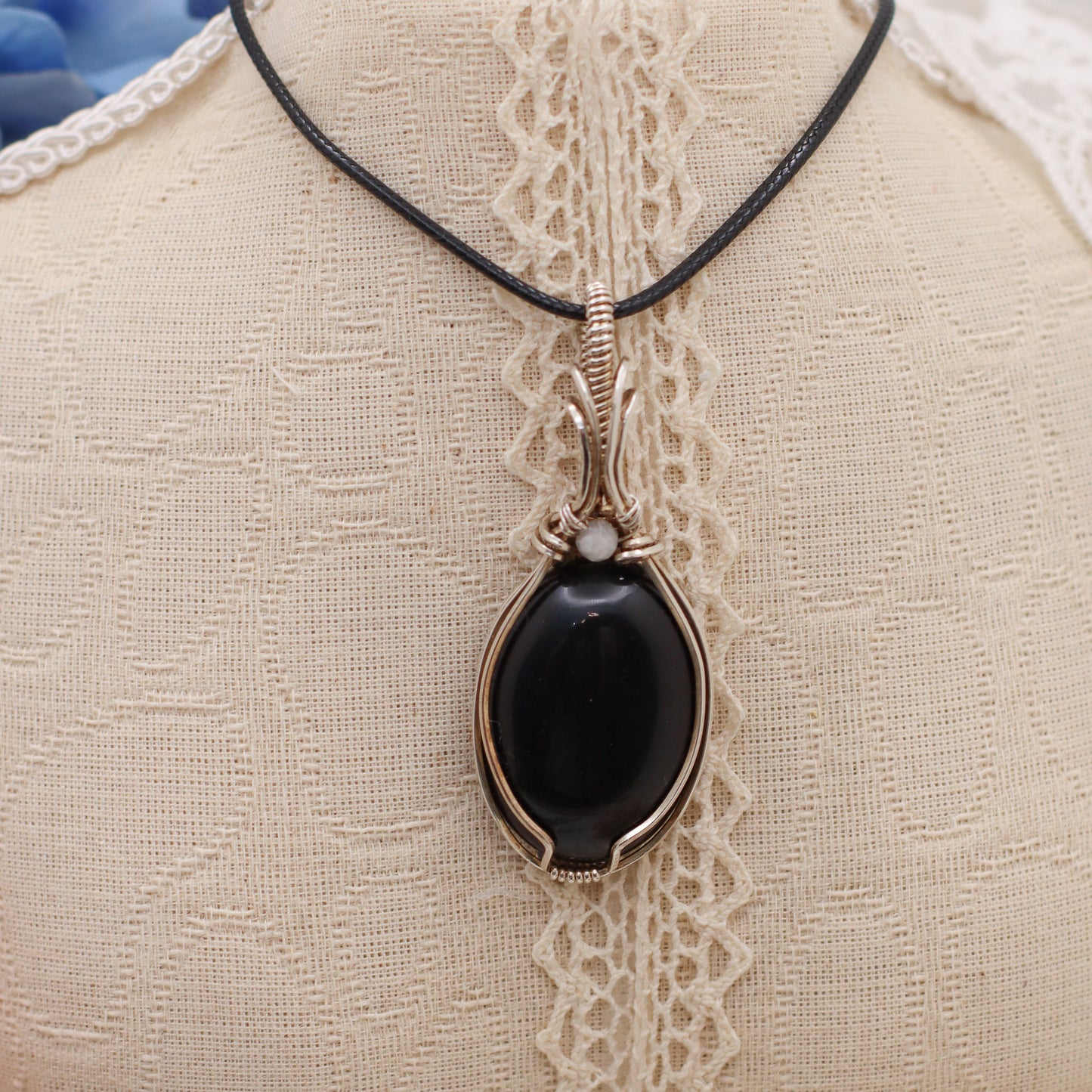 Obsidian & Moonstone Necklace with Sterling Silver Wire