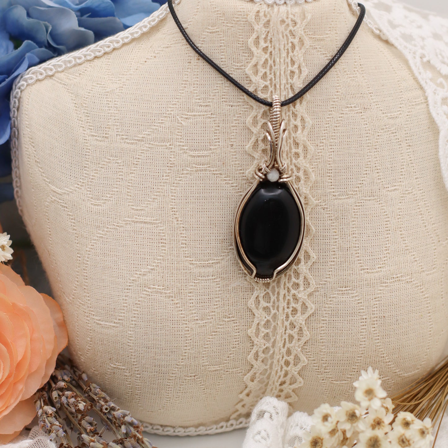 Obsidian & Moonstone Necklace with Sterling Silver Wire