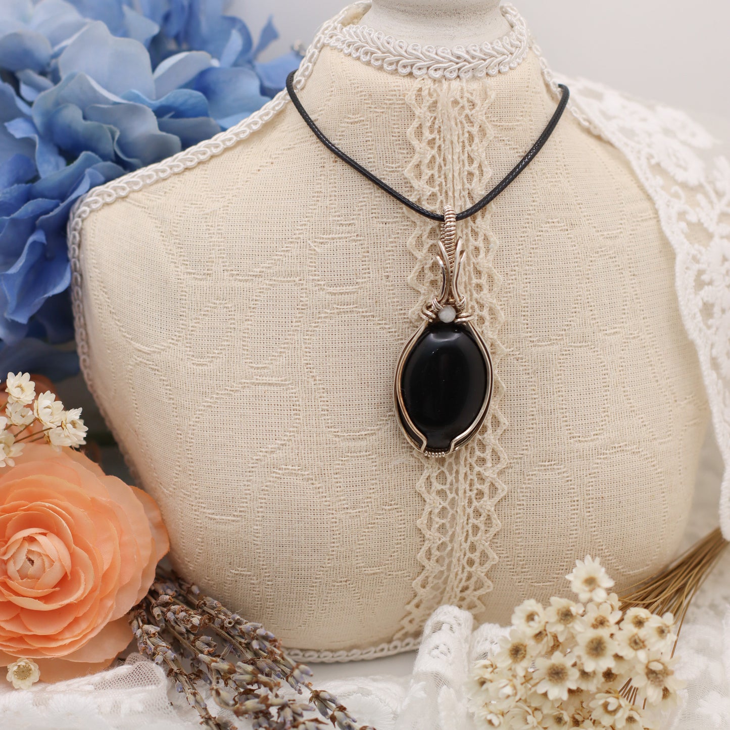 Obsidian & Moonstone Necklace with Sterling Silver Wire