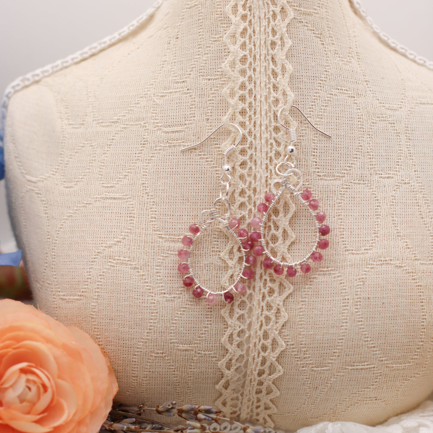 Pink Tourmaline & Sterling Silver Dangle Earrings