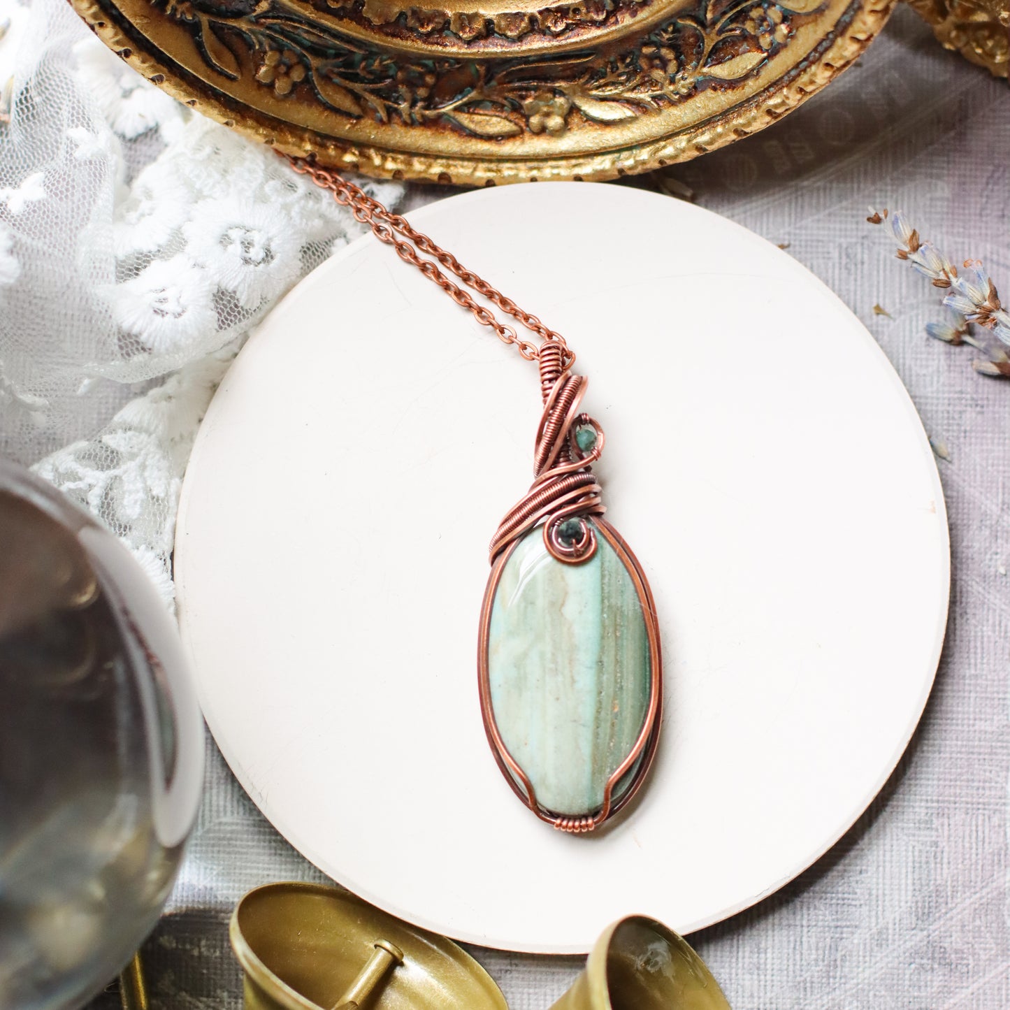 Saturn Chalcedony Necklace with Tourmaline & Emerald (Aged Copper)