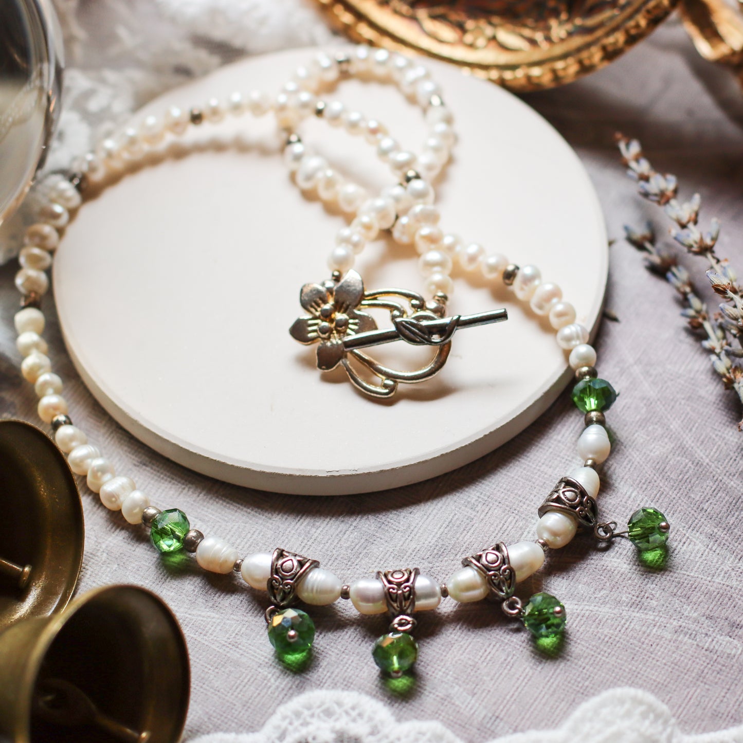 Genuine Cultured Freshwater Pearl Necklace with Green Czech Beads