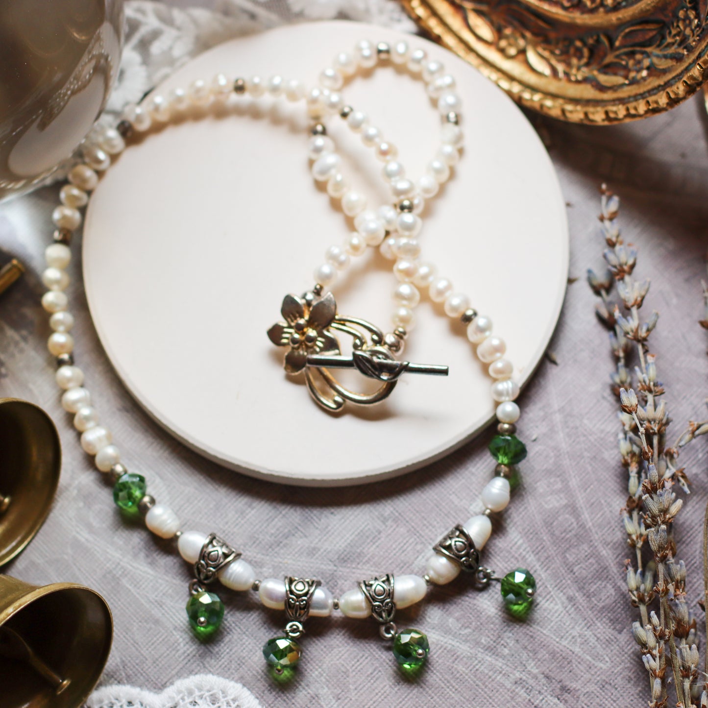 Genuine Cultured Freshwater Pearl Necklace with Green Czech Beads