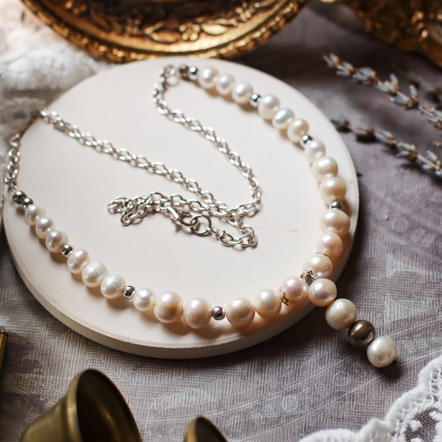 Genuine Freshwater Cultured Pearls & Metal Bead Necklace