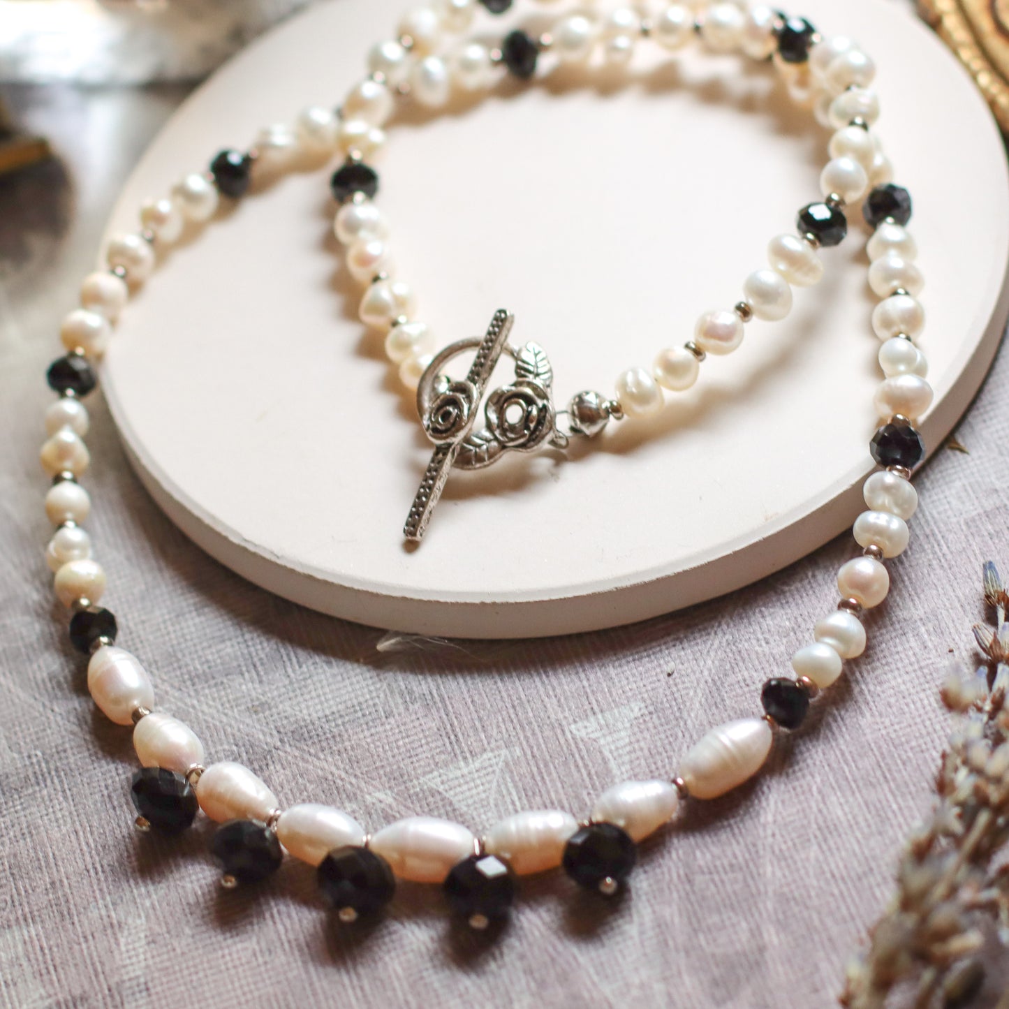 Genuine Cultured Freshwater Pearl Necklace with Small Black Bead Inclusions
