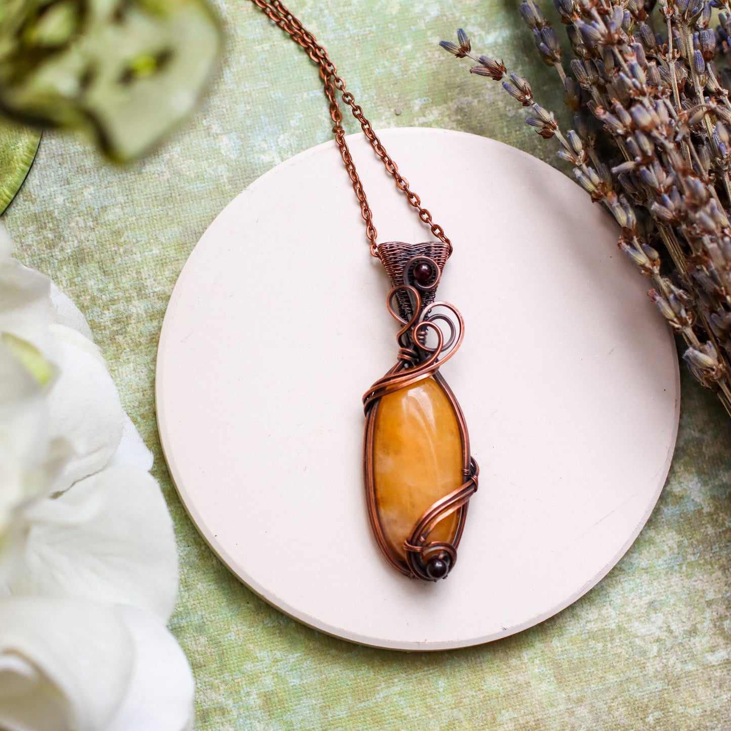 Yellow Quartz & Garnet Necklace (Aged Copper Wire)