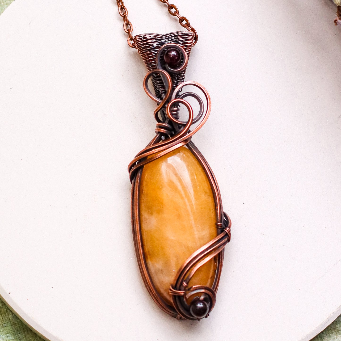 Yellow Quartz & Garnet Necklace (Aged Copper Wire)