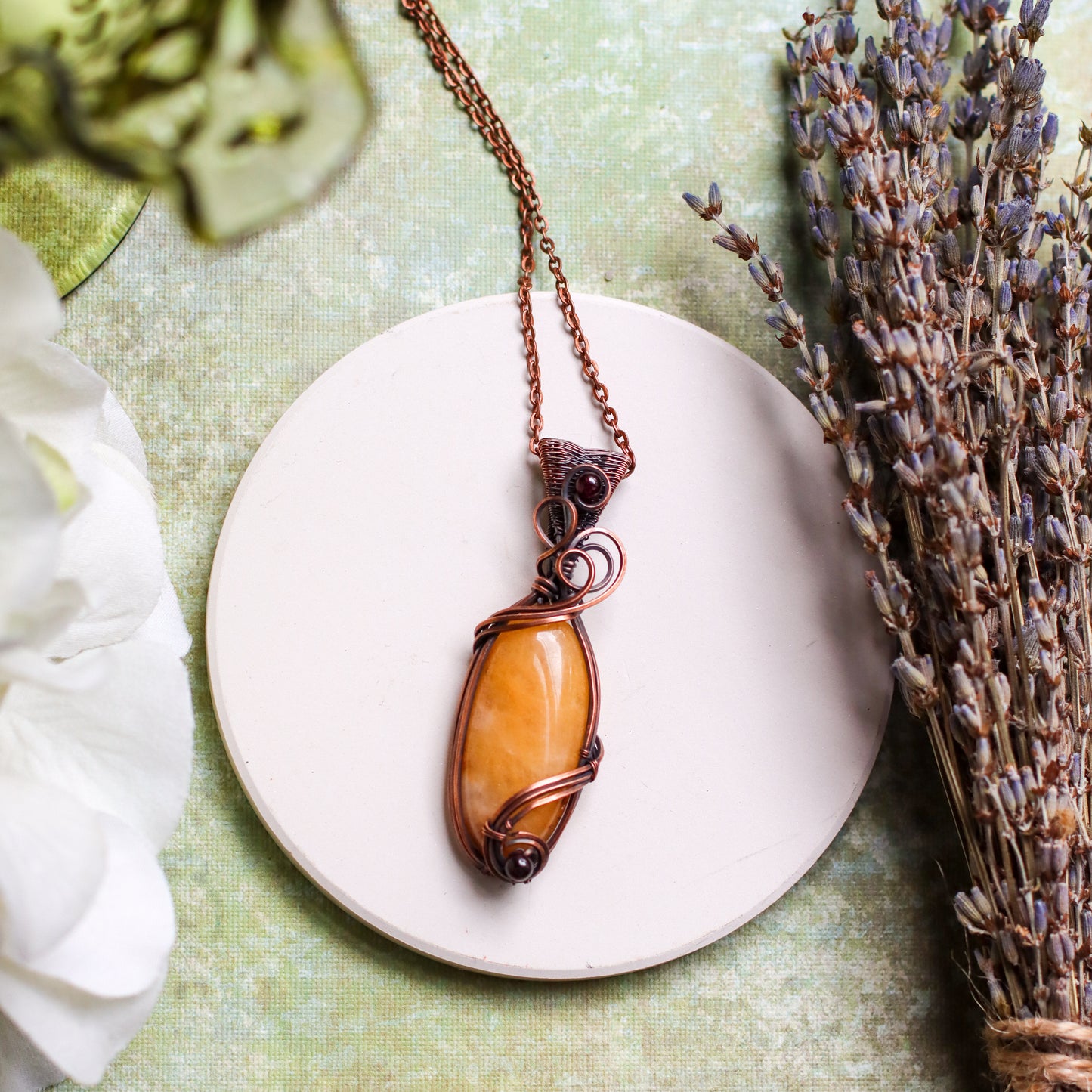 Yellow Quartz & Garnet Necklace (Aged Copper Wire)