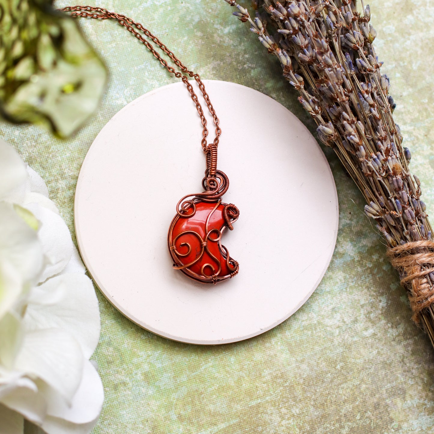 Red Jasper Moon Necklace (Aged Copper Wire)