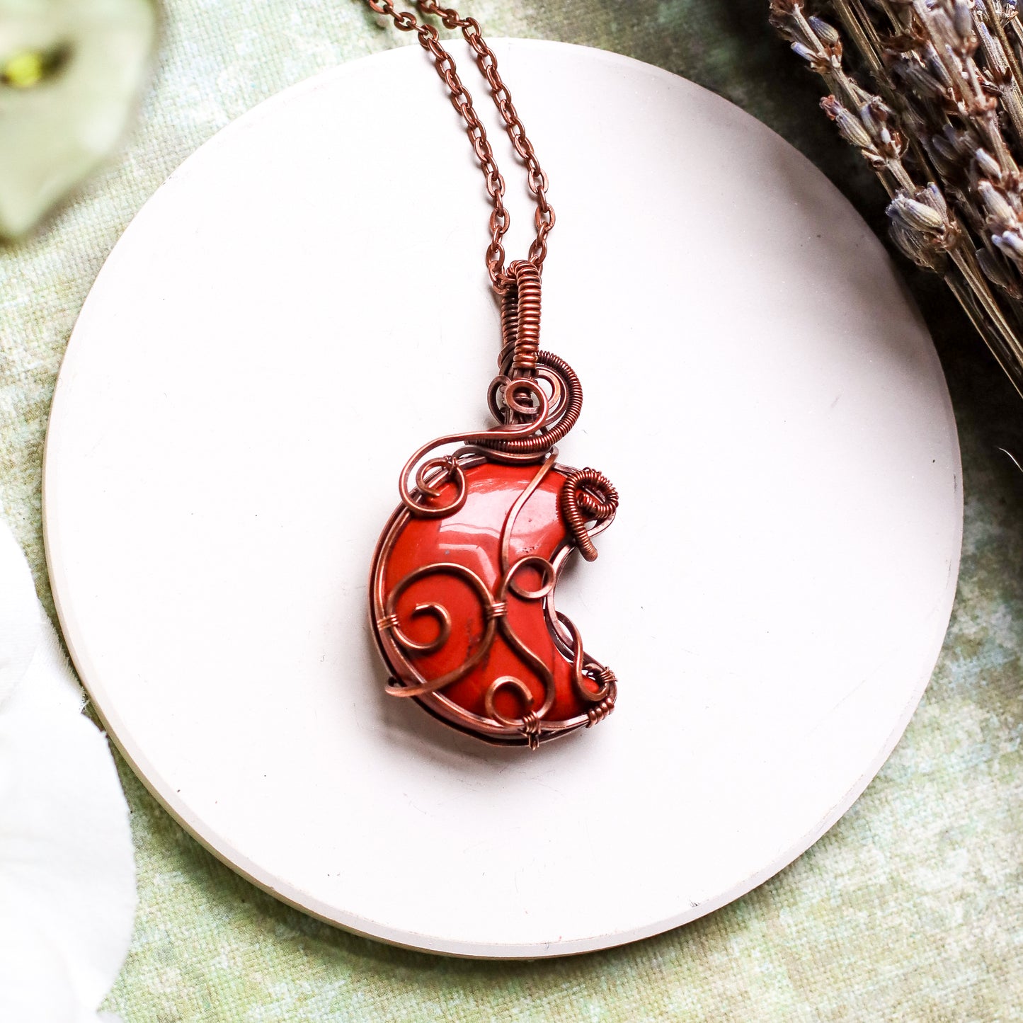 Red Jasper Moon Necklace (Aged Copper Wire)