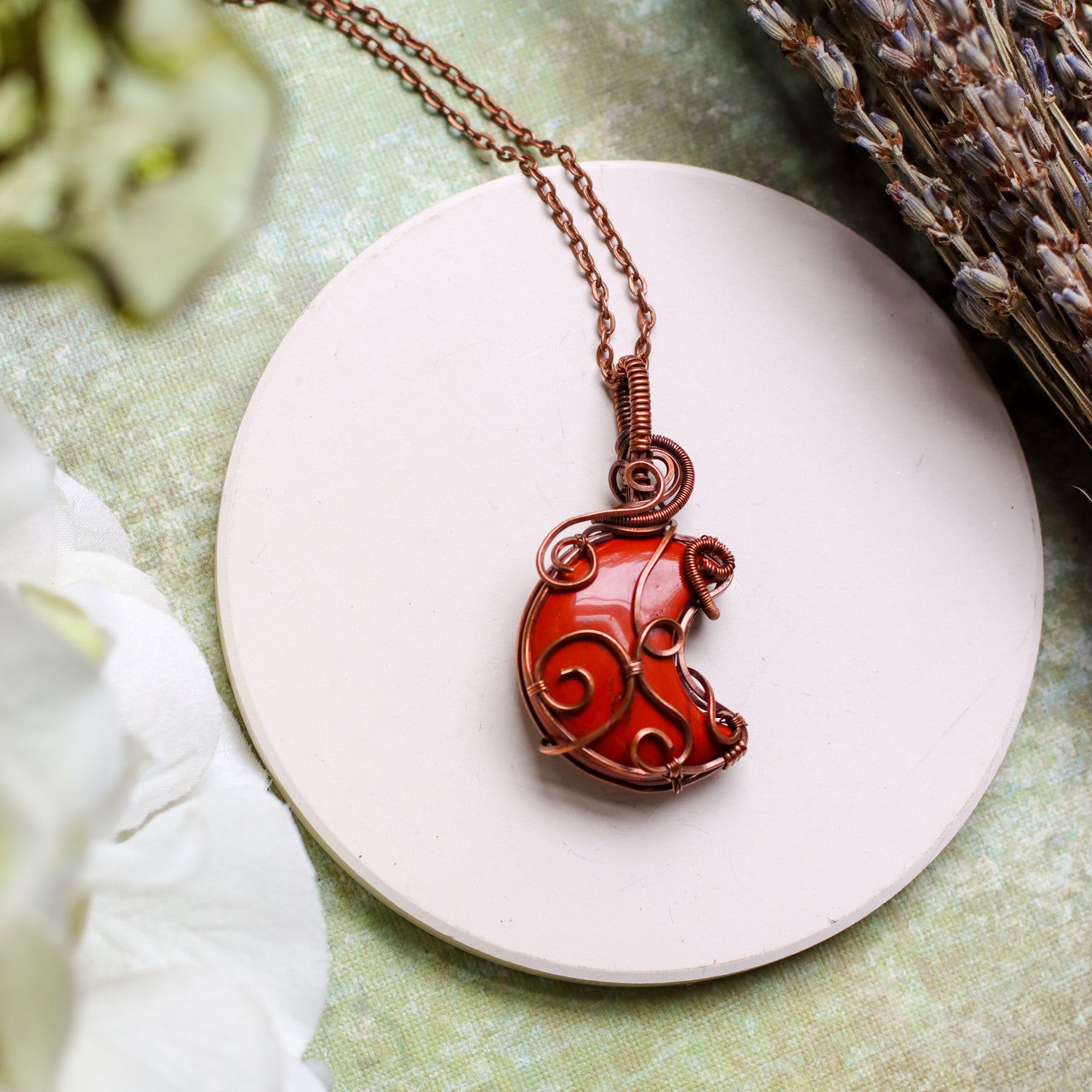 Red Jasper Moon Necklace (Aged Copper Wire)