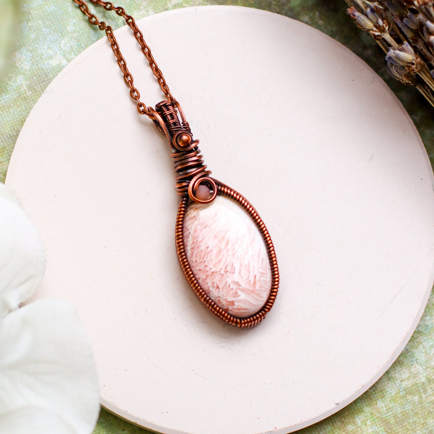 RARE Pink Scolecite Necklace with Aged Copper