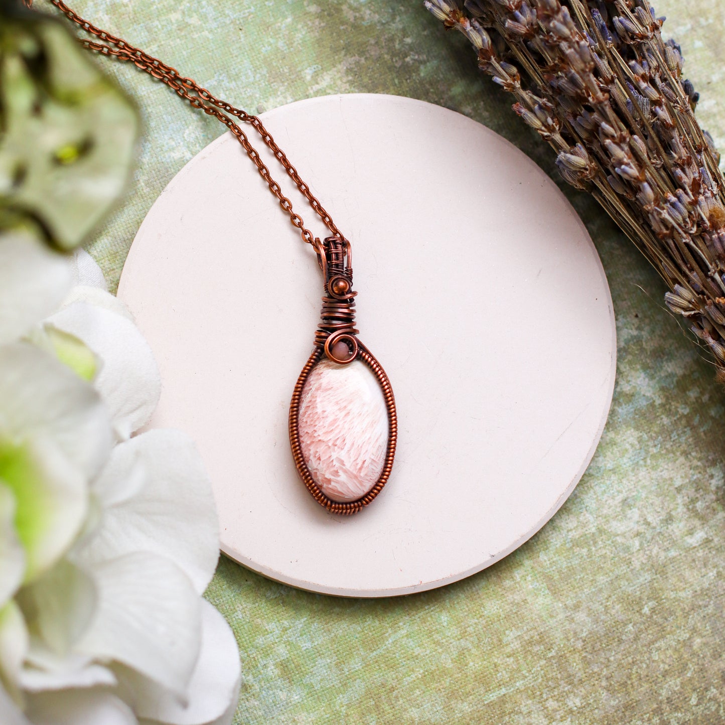 RARE Pink Scolecite Necklace with Aged Copper