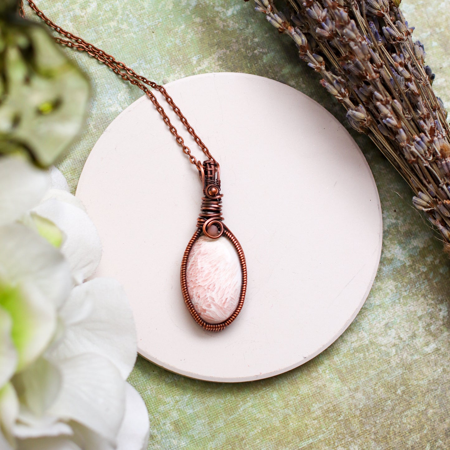 RARE Pink Scolecite Necklace with Aged Copper