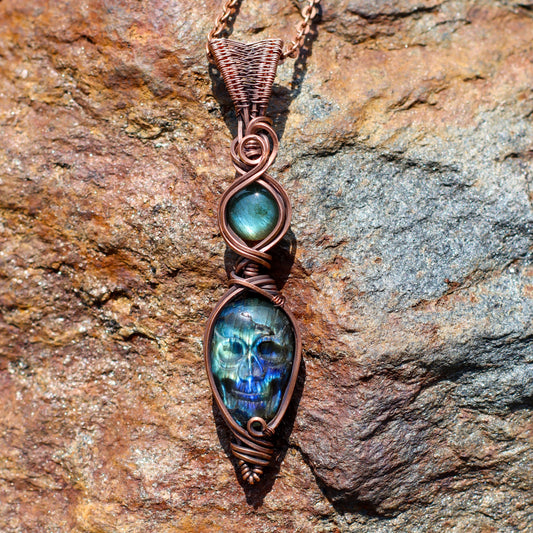 Double Labradorite & Aged Copper SKULL Necklace
