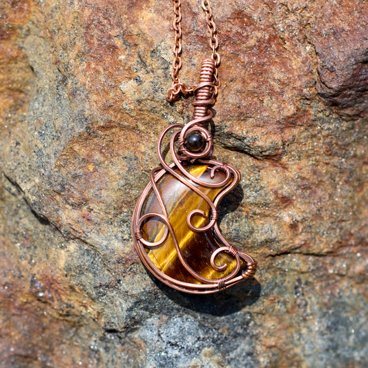 FLASHY Tiger's Eye & Sheen Obsidian Moon Necklace (Aged Copper)