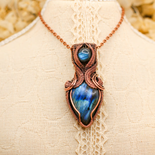 DETAILED Flashy Double-Labradorite with Aged Copper Necklace