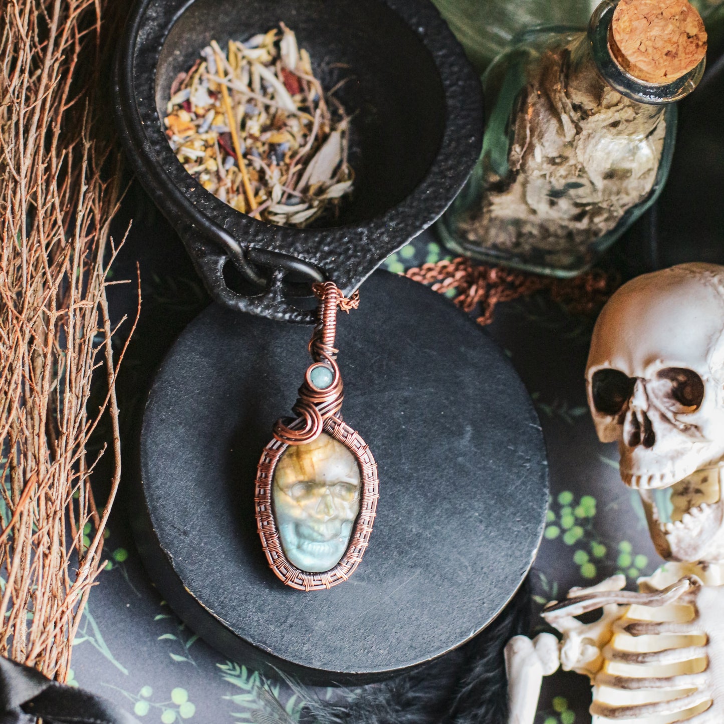 SPECIAL Split-Color Labradorite & Aquamarine Skull Necklace (Aged Copper)