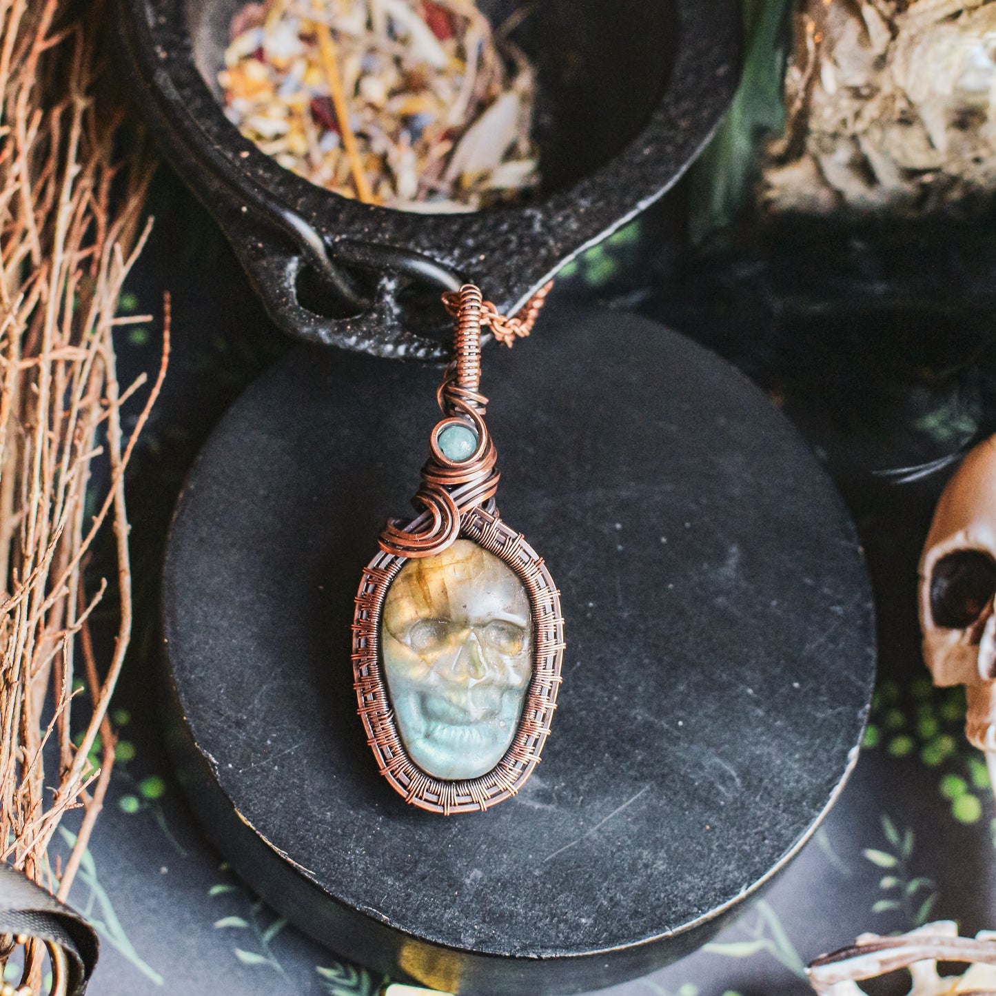 SPECIAL Split-Color Labradorite & Aquamarine Skull Necklace (Aged Copper)