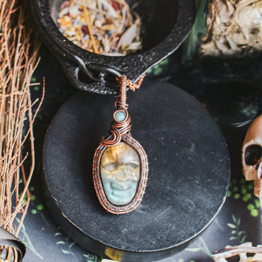 SPECIAL Split-Color Labradorite & Aquamarine Skull Necklace (Aged Copper)