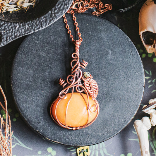 SPECIAL Large Yellow Aventurine & Moss Agate Pumpkin Necklace (Aged Copper)