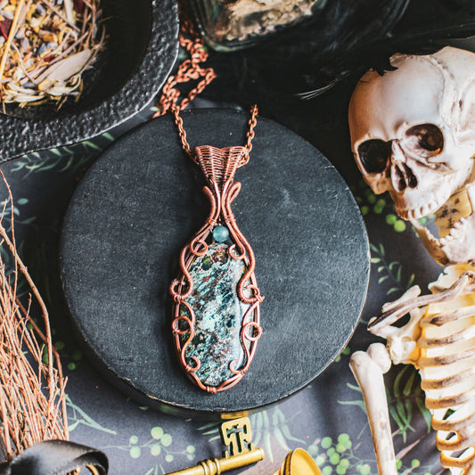 LARGE Shattuckite & Blue Apatite Necklace (Aged Copper)