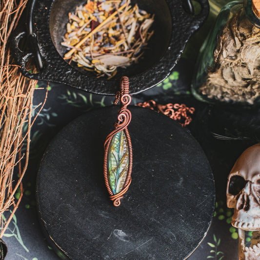 RARE Labradorite Leaf Necklace (Aged Copper)