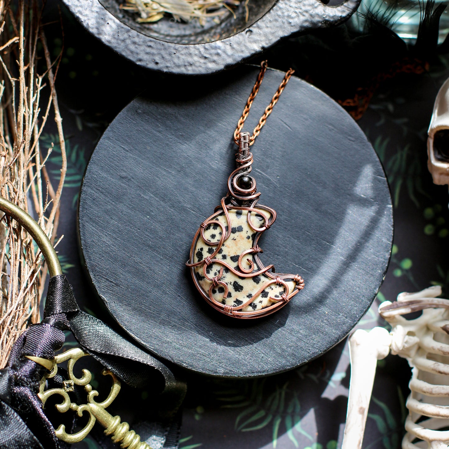 Dalmatian Jasper & Obsidian Moon Necklace (Aged Copper)