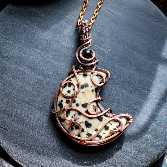 Dalmatian Jasper & Obsidian Moon Necklace (Aged Copper)