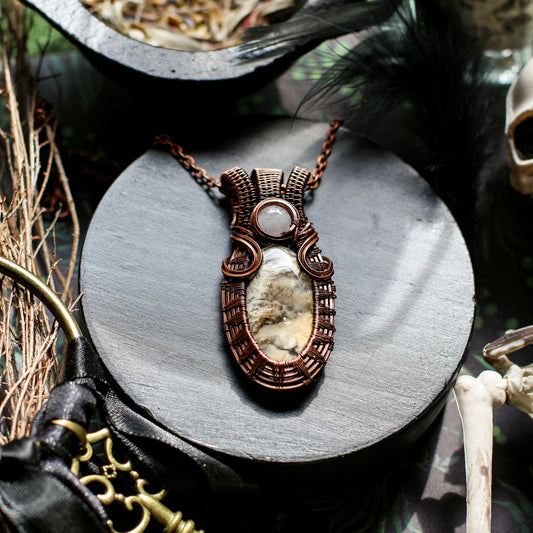 RARE Tiger Dendrite Agate & Quartz Necklace with Aged Copper