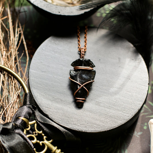 Black Obsidian Carved Arrowhead Necklace (Aged Copper)