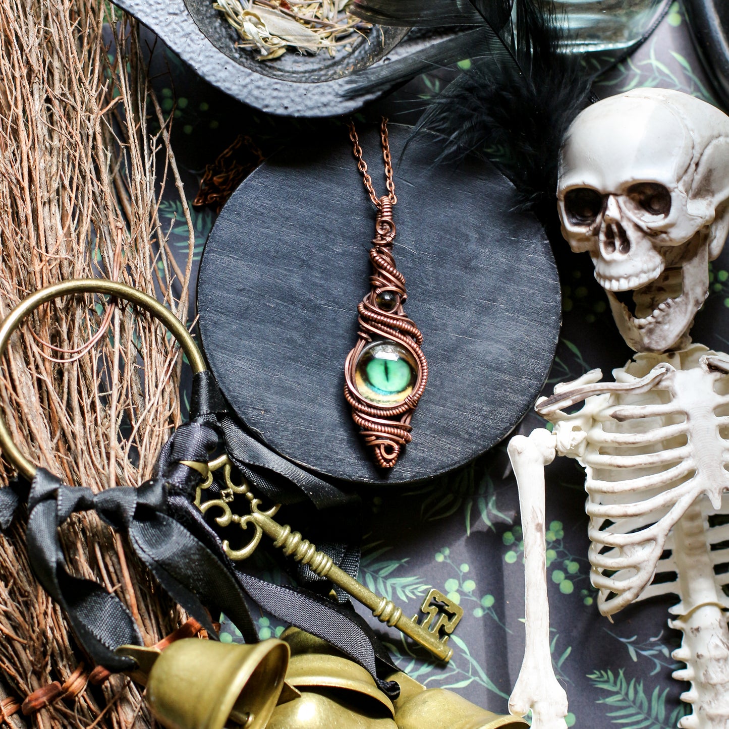 Green Seeing Eye Necklace with Obsidian & Aged Copper
