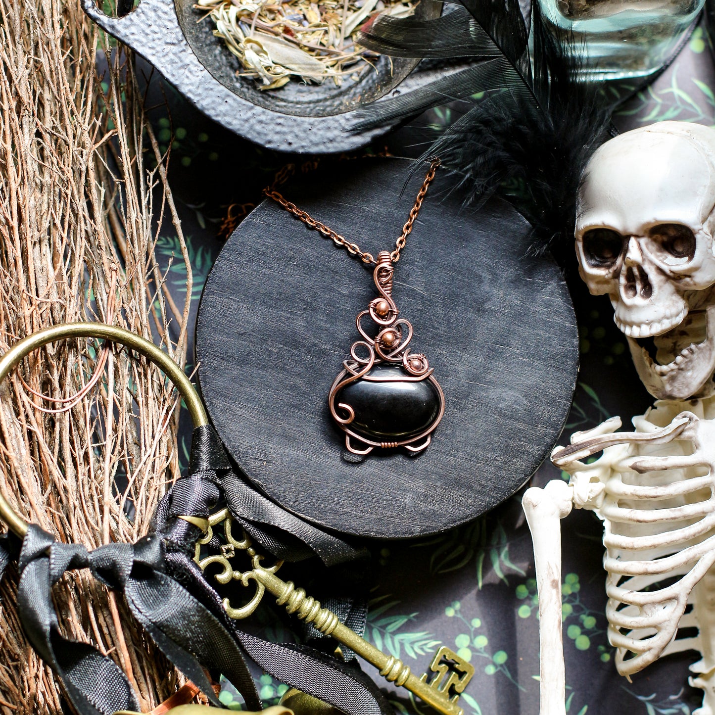 SPECIAL Obsidian "Bubble Cauldron" Necklace (Aged Copper)