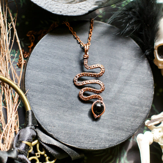 NEW Obsidian & Aged Copper Snake Necklace