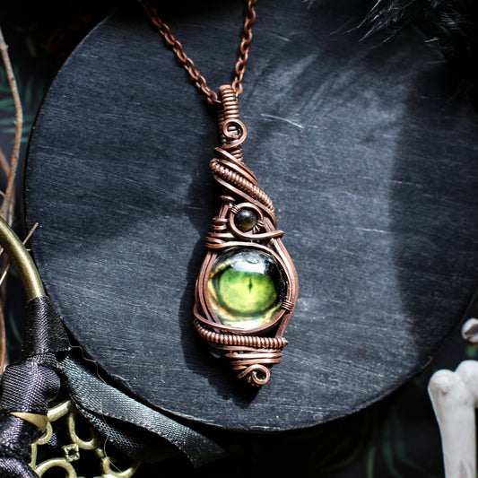 BOLD Green Seeing Eye & Obsidian Necklace (Aged Copper)
