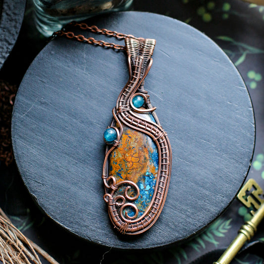 RARE Shattuckite & Blue Apatite Necklace (Aged Copper)