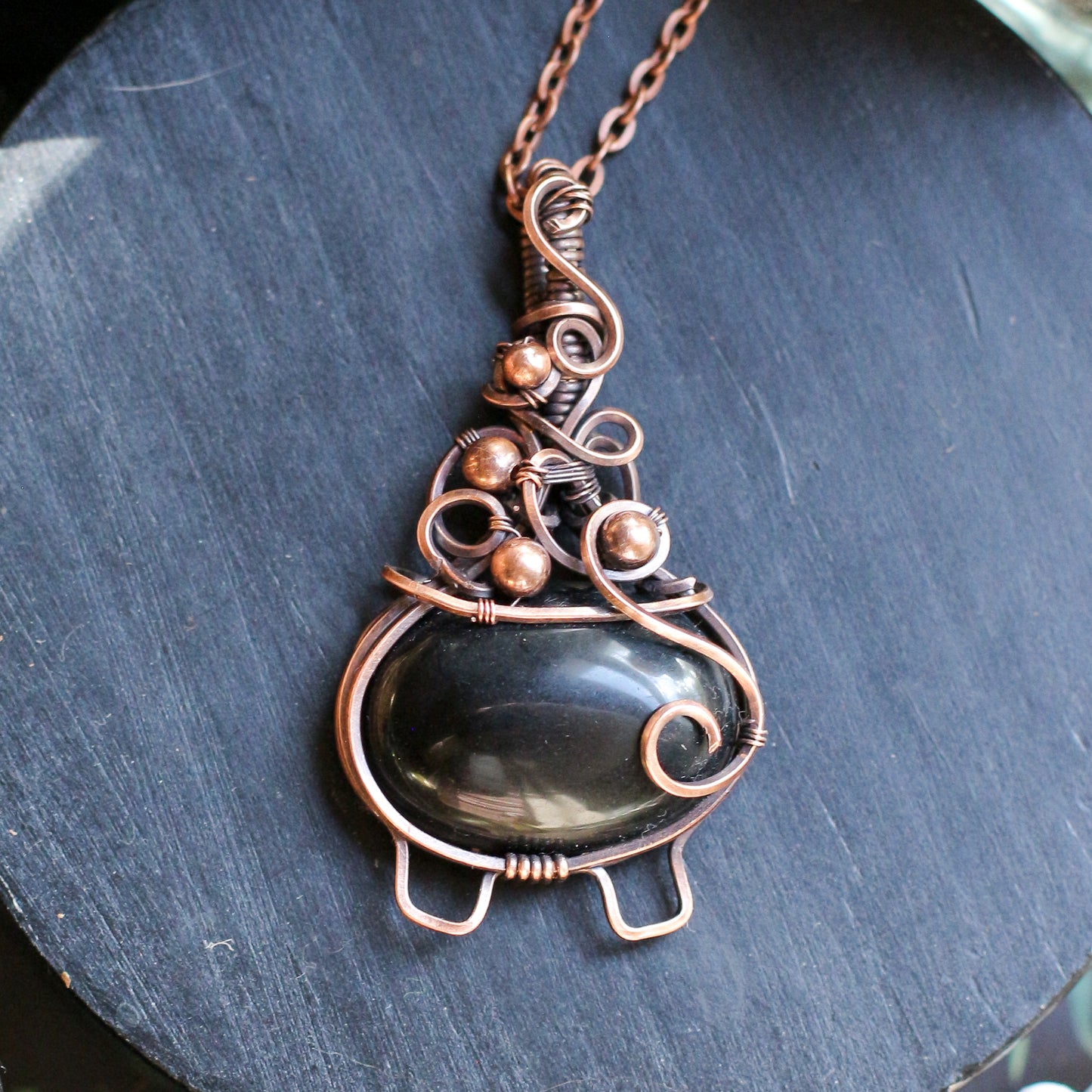 SPECIAL Obsidian Bubble Cauldron Necklace (Aged Copper)