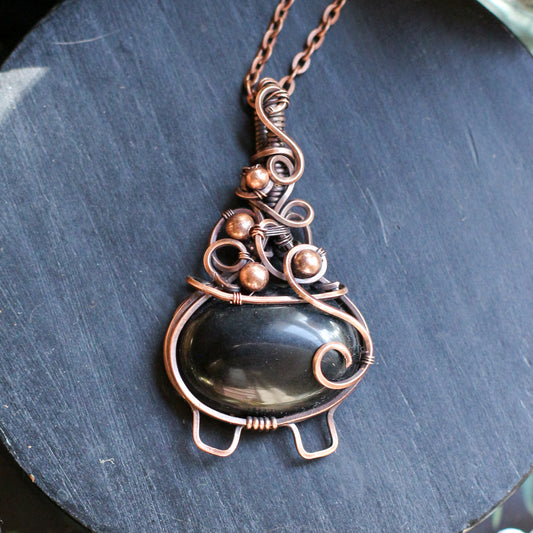SPECIAL Obsidian Bubble Cauldron Necklace (Aged Copper)