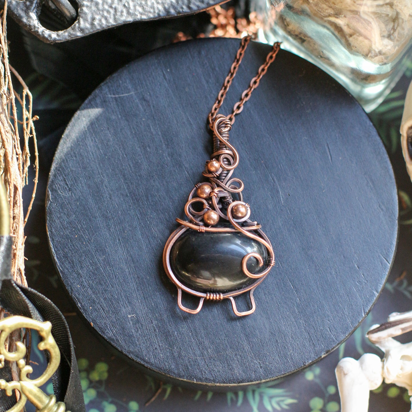 SPECIAL Obsidian Bubble Cauldron Necklace (Aged Copper)